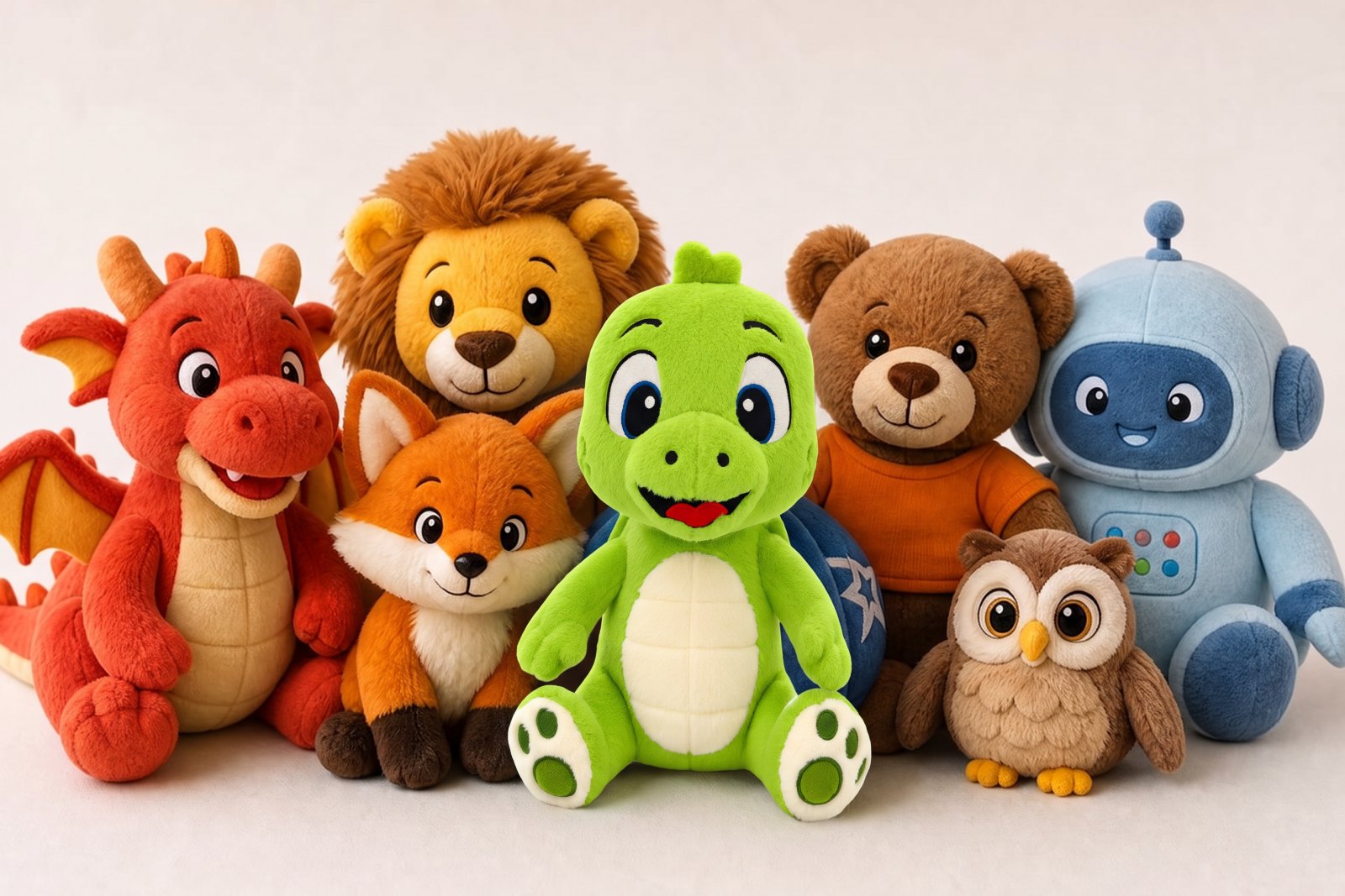 Zeven conceptmascottes als pluche knuffels naast elkaar, met Tobi in het midden