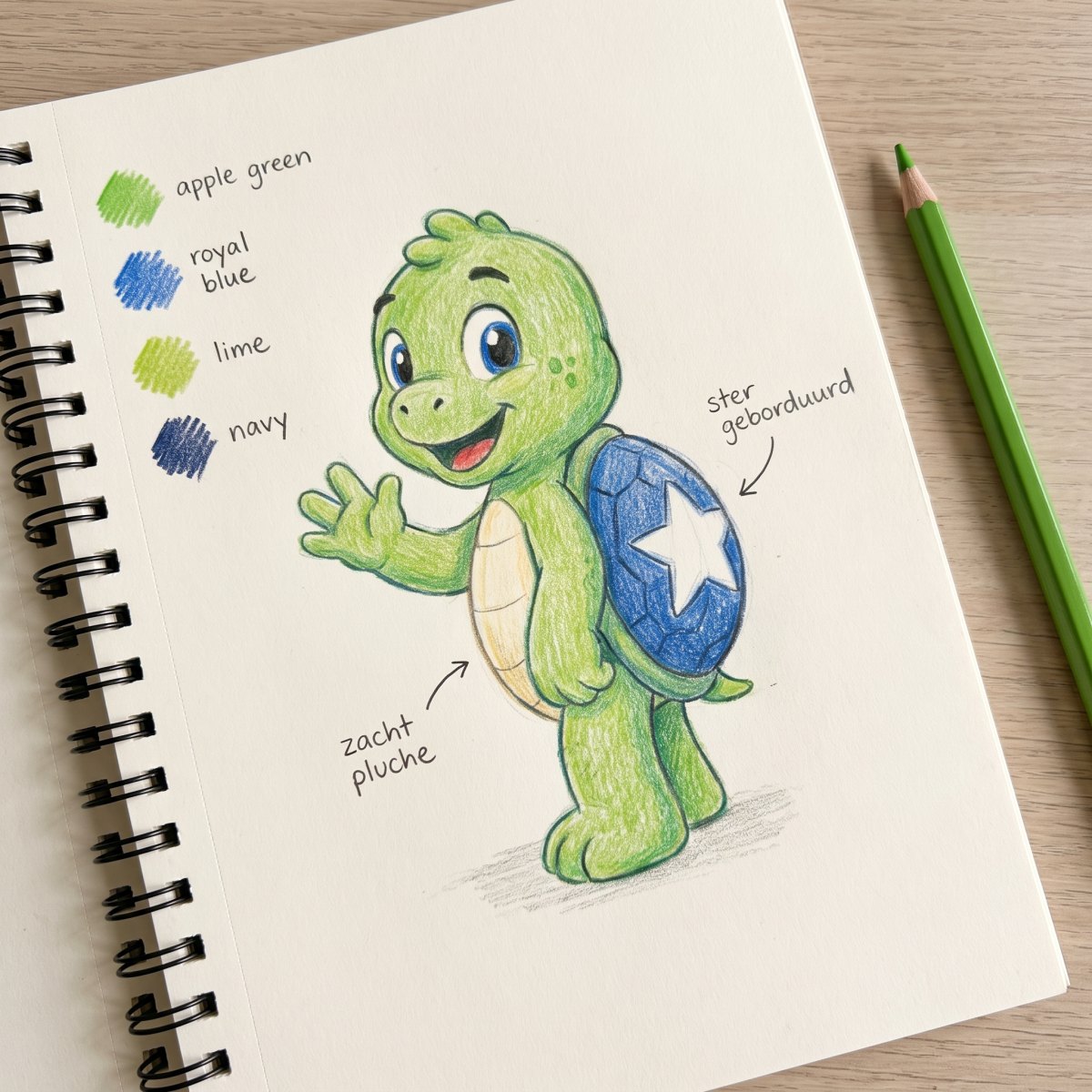 Handgetekende conceptschets van mascotte Tobi met kleurstalen en ontwerpnotities